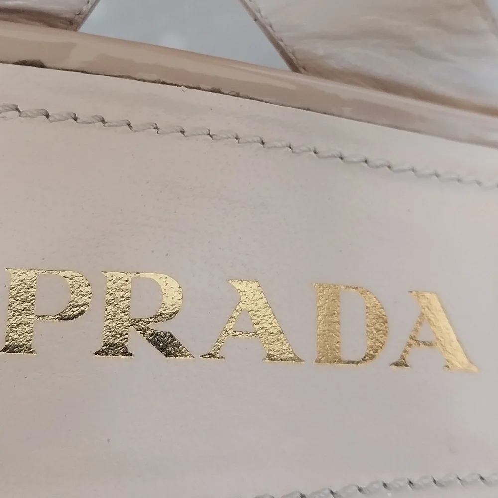 Prada Nude Patent Leather Ankle Slingback Wedge Sandals - Picture 9 of 12